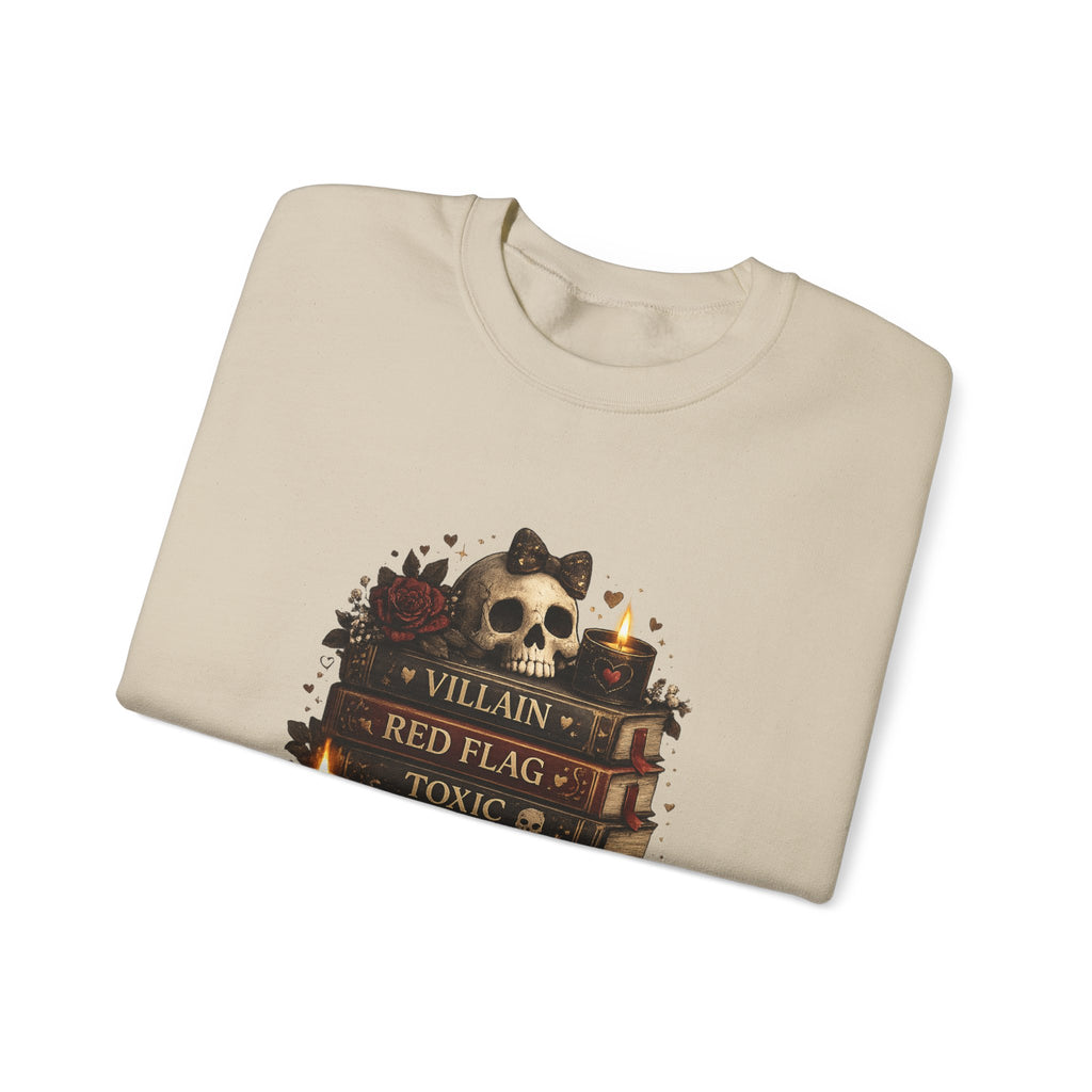 Crewneck Sweatshirt - "Just My Type" Stacked Books & Skull Gothic Design