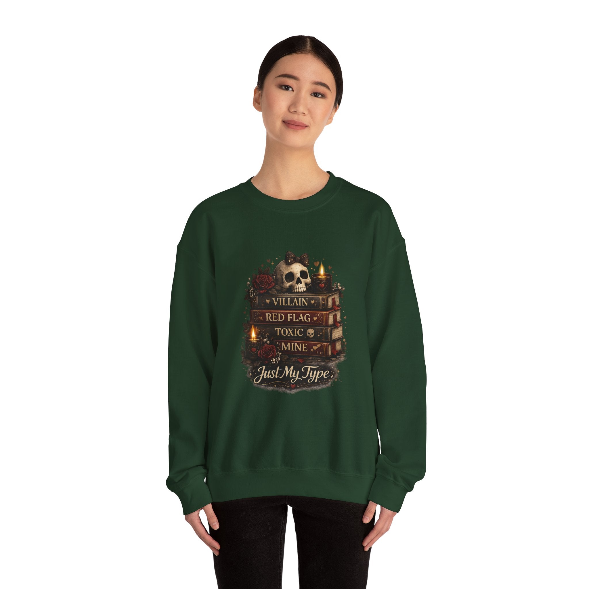 Crewneck Sweatshirt - "Just My Type" Stacked Books & Skull Gothic Design