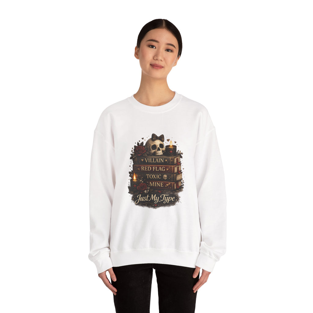 Crewneck Sweatshirt - "Just My Type" Stacked Books & Skull Gothic Design