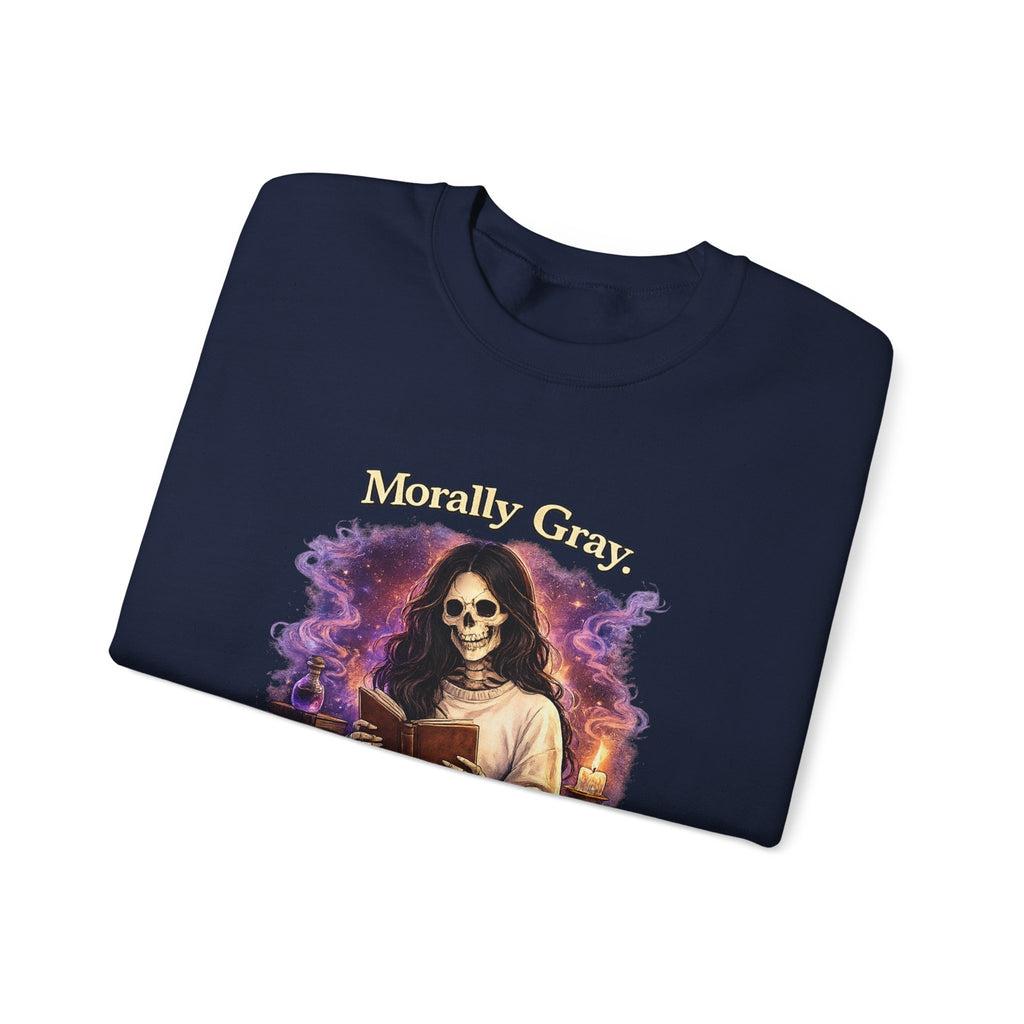 Skull Reader Sweatshirt — 'Morally Grey, Academically Blessed' Gothic Crewneck