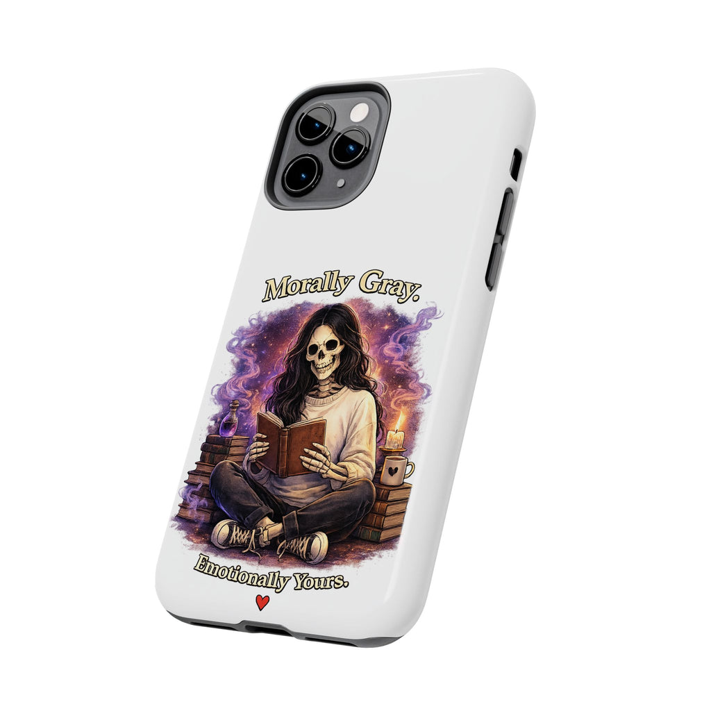 Morally Gray, Emotionally Yours Phone Case — Gothic Skeleton Booklover Protective Case